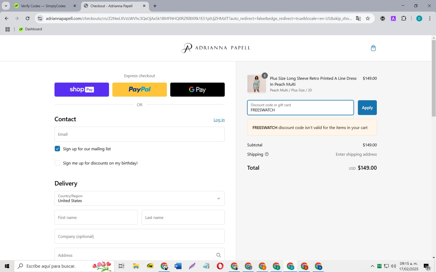 Adrianna Papell discount code screenshot showing code FREESWATCH applied at Adrianna Papell checkout page. Uploaded by SimplyCodes community member MagnificentCollector5368 on Feb 17, 2025