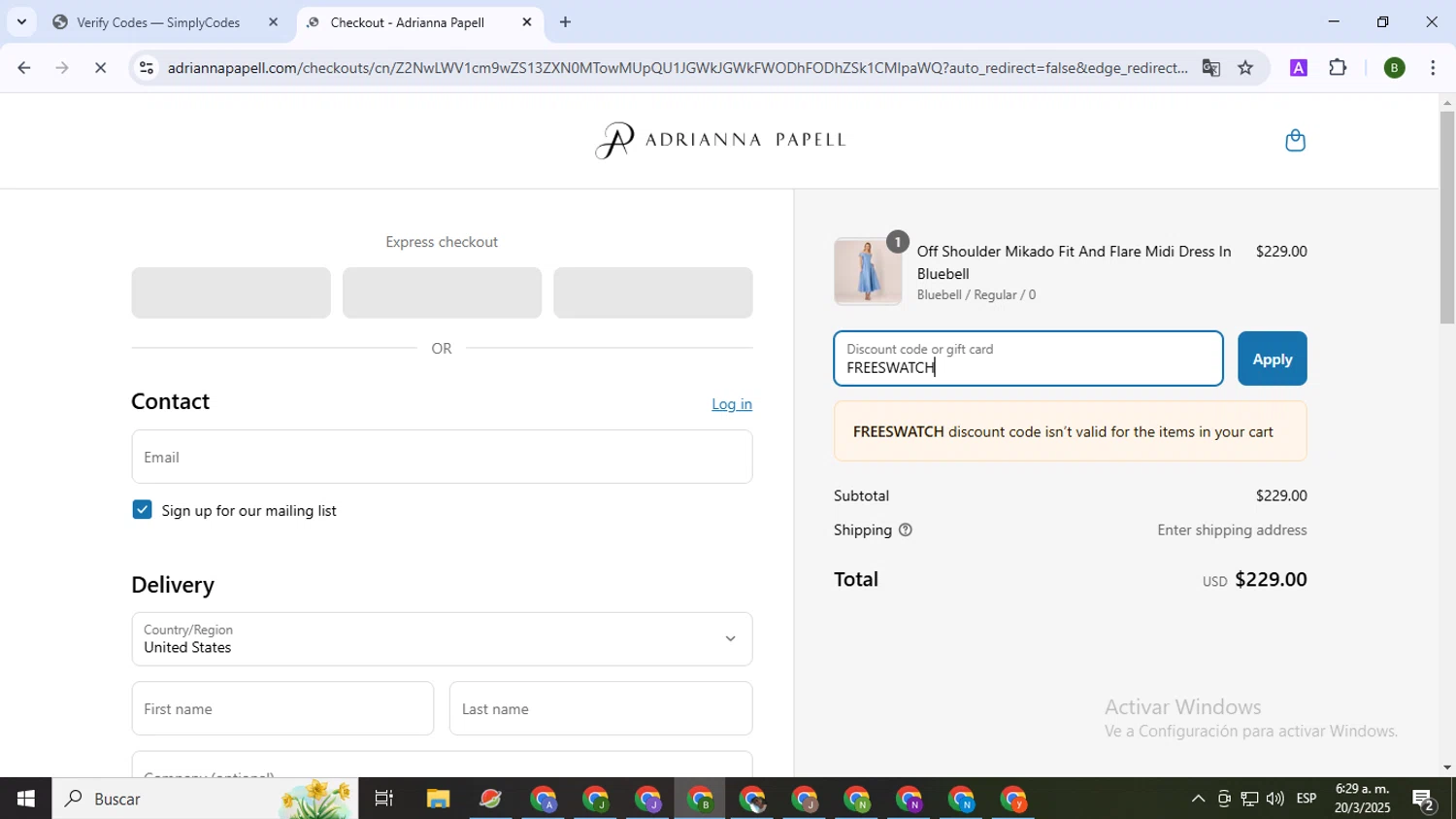 Adrianna Papell discount code screenshot showing code FREESWATCH applied at Adrianna Papell checkout page. Uploaded by SimplyCodes community member SaleVirtuoso5993 on Mar 20, 2025