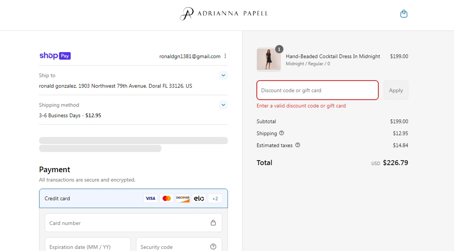 Adrianna Papell discount code screenshot showing code COCKTAIL20 applied at Adrianna Papell checkout page. Uploaded by SimplyCodes community member CleverAdmiral7613 on Aug 7, 2025