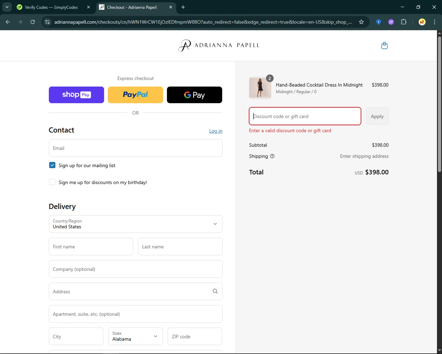 Adrianna Papell discount code screenshot showing code COCKTAIL20 applied at Adrianna Papell checkout page. Uploaded by SimplyCodes community member SmartFinder4193 on Aug 7, 2025