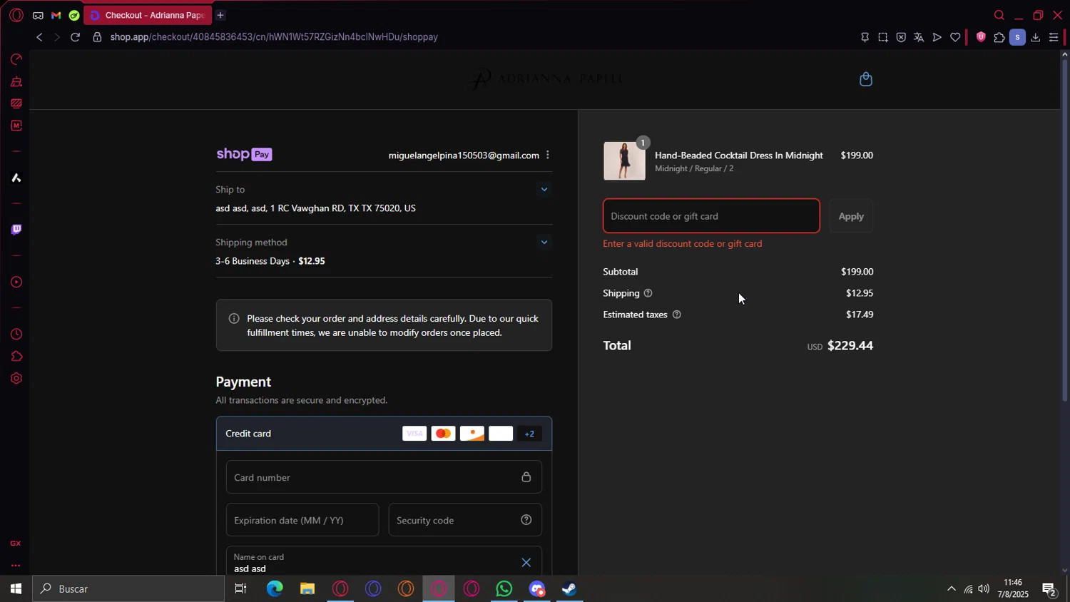 Adrianna Papell discount code screenshot showing code COCKTAIL20 applied at Adrianna Papell checkout page. Uploaded by SimplyCodes community member cajax_manda on Aug 7, 2025