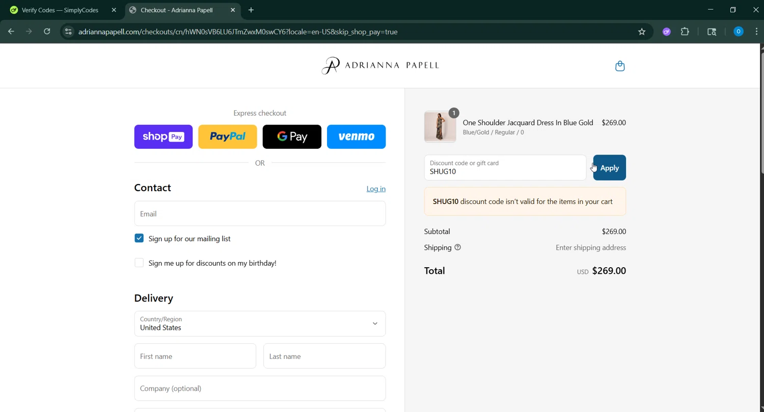 Adrianna Papell discount code screenshot showing code SHUG10 applied at Adrianna Papell checkout page. Uploaded by SimplyCodes community member _____________ on Jul 21, 2025