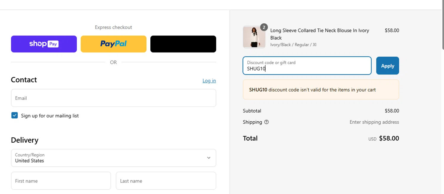 Adrianna Papell discount code screenshot showing code SHUG10 applied at Adrianna Papell checkout page. Uploaded by SimplyCodes community member chepipro on Mar 20, 2025