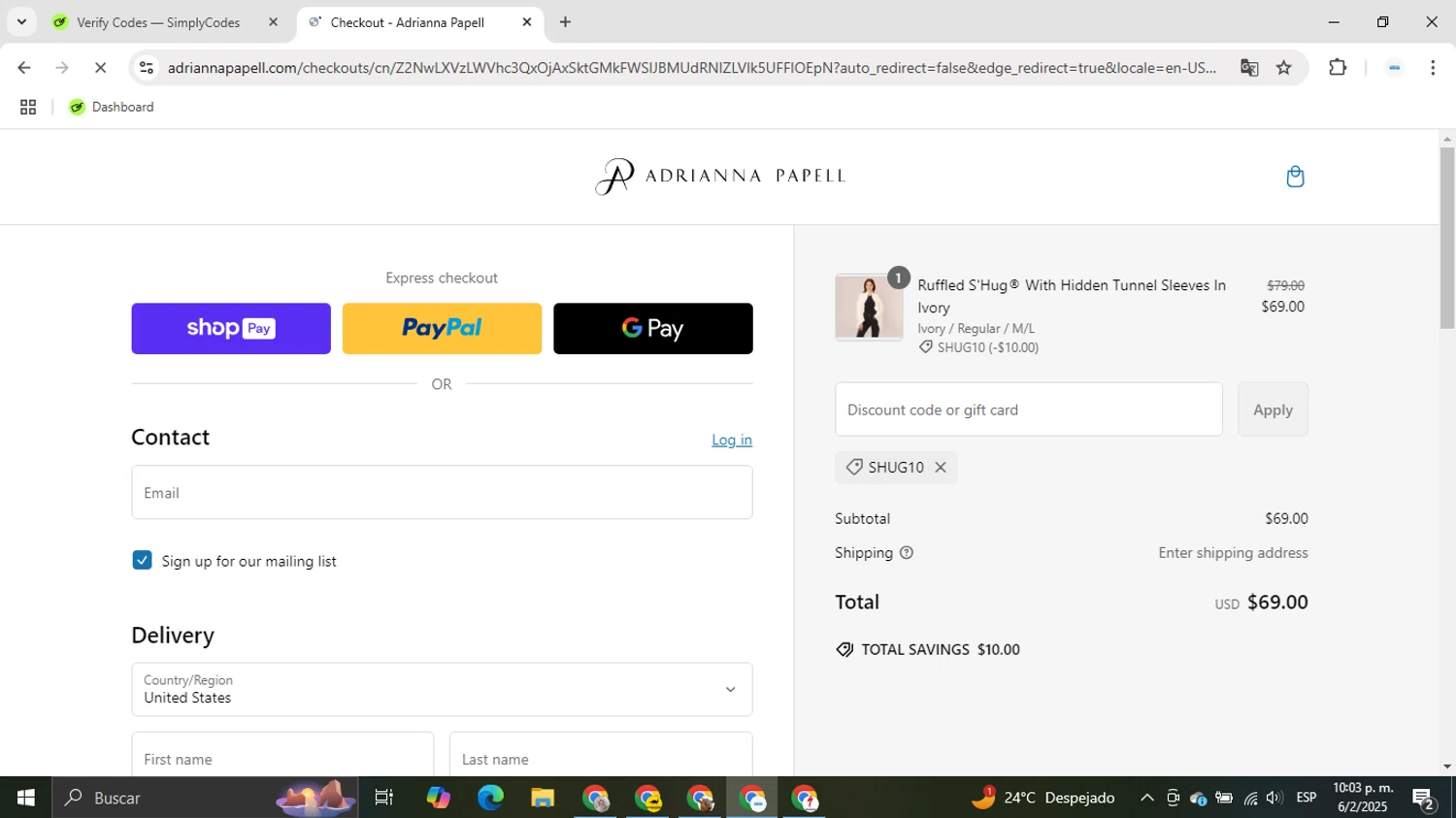 Adrianna Papell discount code screenshot showing code SHUG10 applied at Adrianna Papell checkout page. Uploaded by SimplyCodes community member EpicTracker1394 on Feb 7, 2025