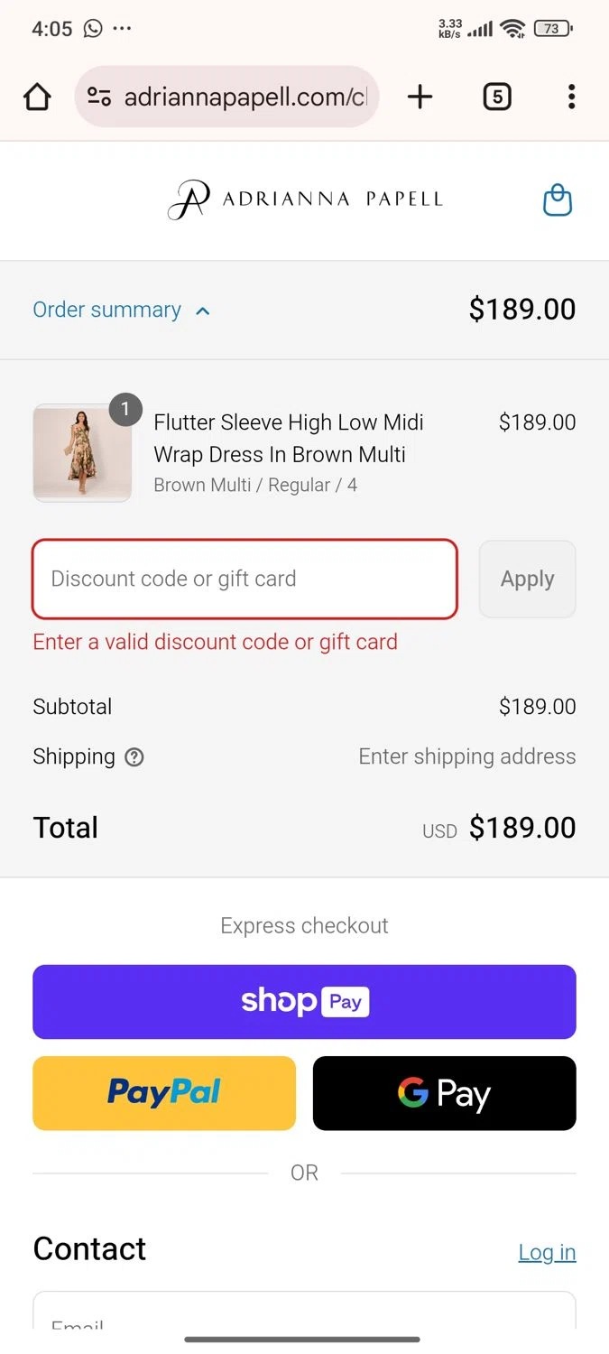 Adrianna Papell discount code screenshot showing code $30OFF applied at Adrianna Papell checkout page. Uploaded by SimplyCodes community member Esteban on May 14, 2025