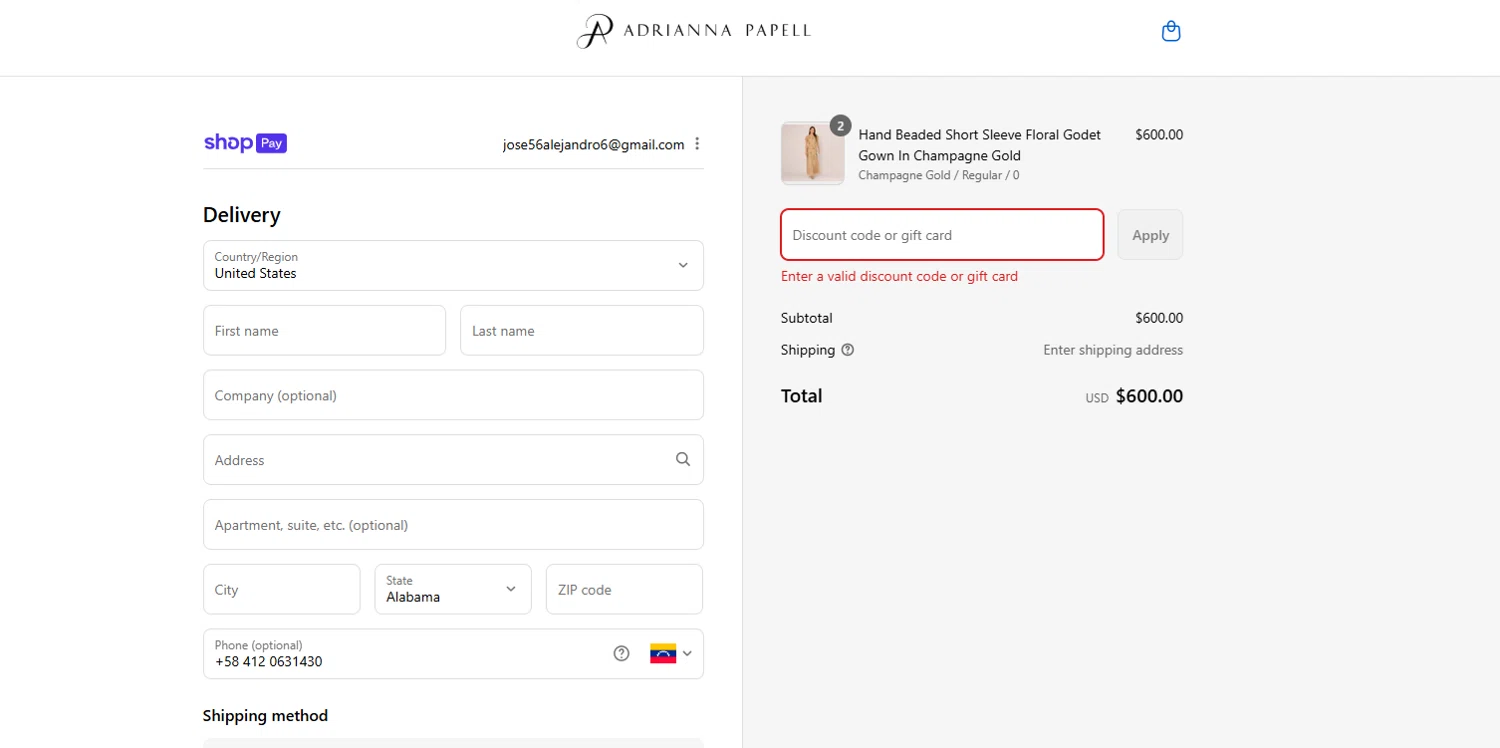Adrianna Papell discount code screenshot showing code XHDFNSJYL20 applied at Adrianna Papell checkout page. Uploaded by SimplyCodes community member Kmacho on Aug 26, 2025