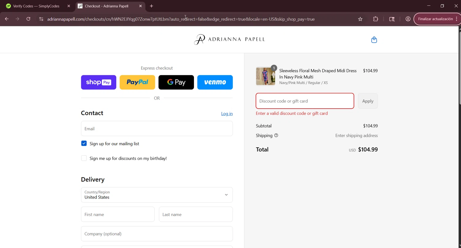 Adrianna Papell discount code screenshot showing code XHDFNSJYL20 applied at Adrianna Papell checkout page. Uploaded by SimplyCodes community member LuckyNavigator1490 on Aug 26, 2025