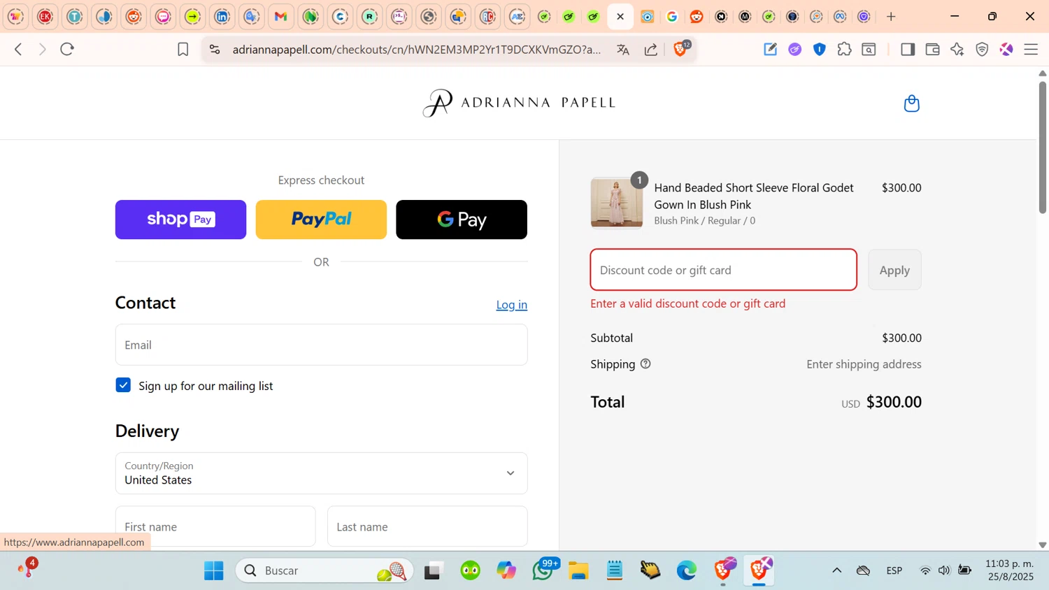Adrianna Papell discount code screenshot showing code XHDFNSJYL20 applied at Adrianna Papell checkout page. Uploaded by SimplyCodes community member cosita on Aug 26, 2025