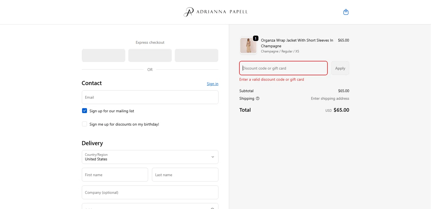 Adrianna Papell promo code screenshot showing code work applied at Adrianna Papell checkout page. Uploaded by SimplyCodes community member MagnifiHero3476 on Jan 4, 2026