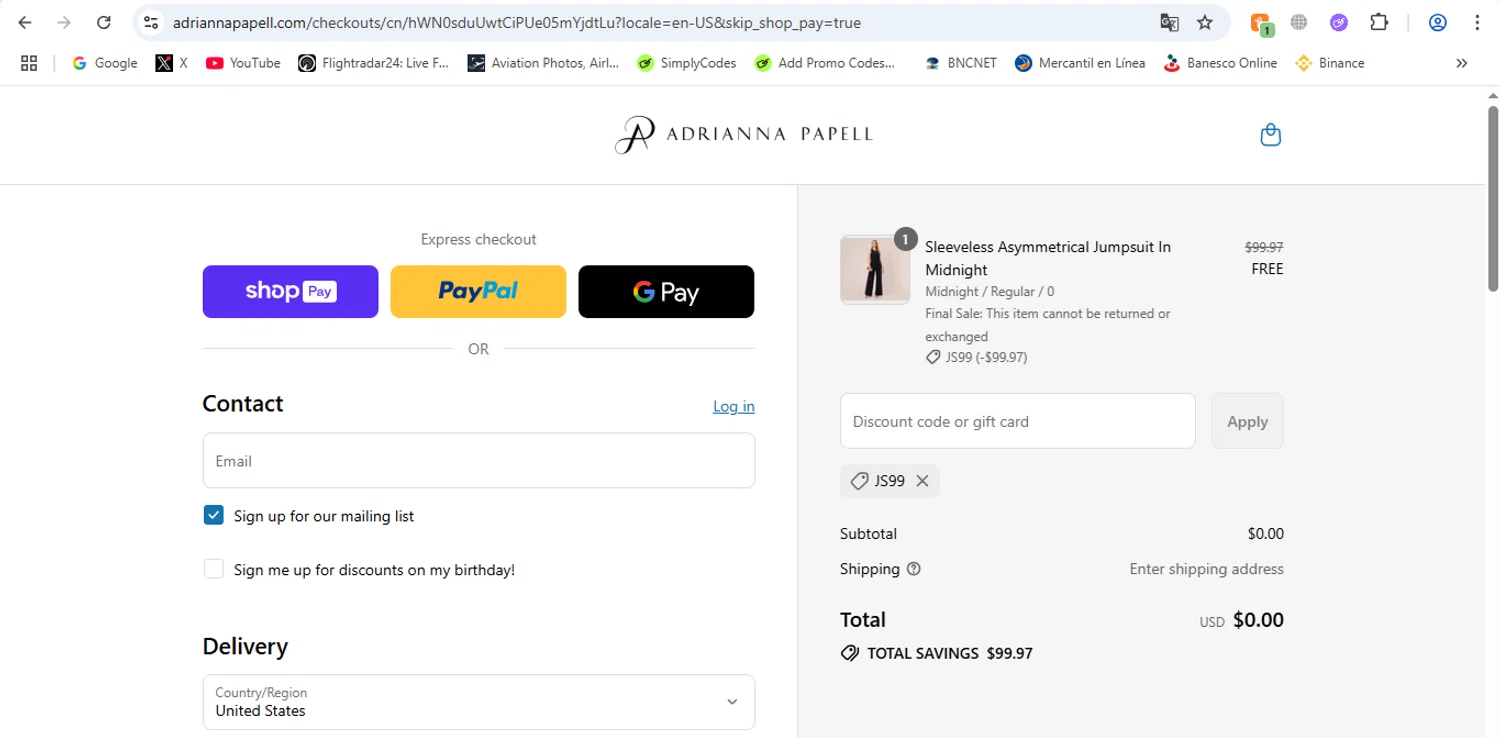 Adrianna Papell discount code screenshot showing code JS99 applied at Adrianna Papell checkout page. Uploaded by SimplyCodes community member victor on Jul 21, 2025