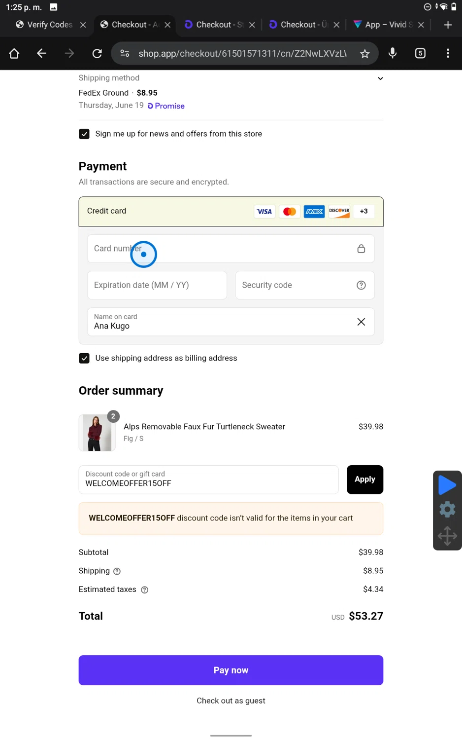 Adrienne Landau promo code screenshot showing code WELCOMEOFFER15OFF applied at Adrienne Landau checkout page. Uploaded by SimplyCodes community member SmartWhiz9028 on Jun 14, 2025