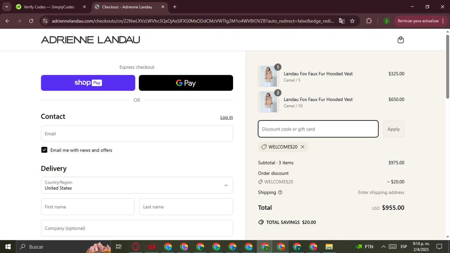 Adrienne Landau promo code screenshot showing code WELCOME$20 applied at Adrienne Landau checkout page. Uploaded by SimplyCodes community member Ferrari on Apr 3, 2025
