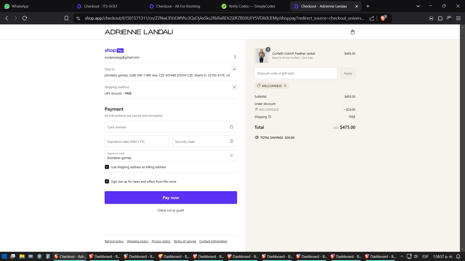 Adrienne Landau promo code screenshot showing code WELCOME$20 applied at Adrienne Landau checkout page. Uploaded by SimplyCodes community member SimplyGOAT on Feb 3, 2025