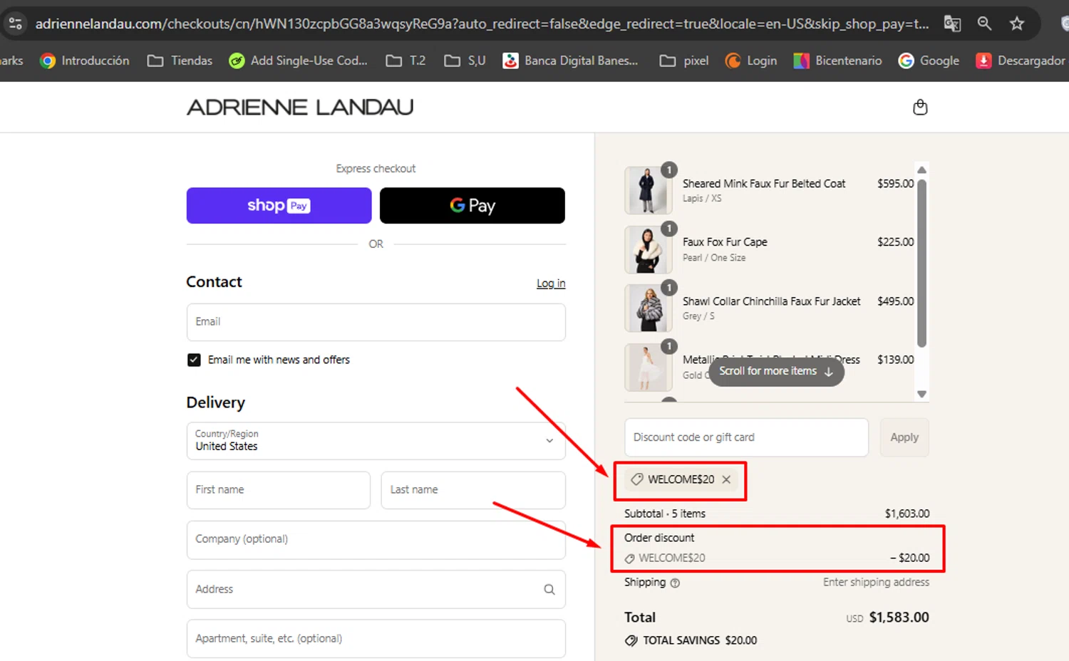 Adrienne Landau promo code screenshot showing code WELCOME$20 applied at Adrienne Landau checkout page. Uploaded by SimplyCodes community member mirthaladino on Jul 25, 2025