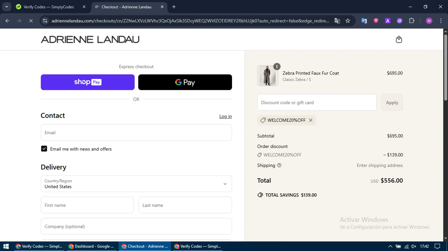 Adrienne Landau promo code screenshot showing code WELCOME20%OFF applied at Adrienne Landau checkout page. Uploaded by SimplyCodes community member MightyTracker1549 on Jun 20, 2025