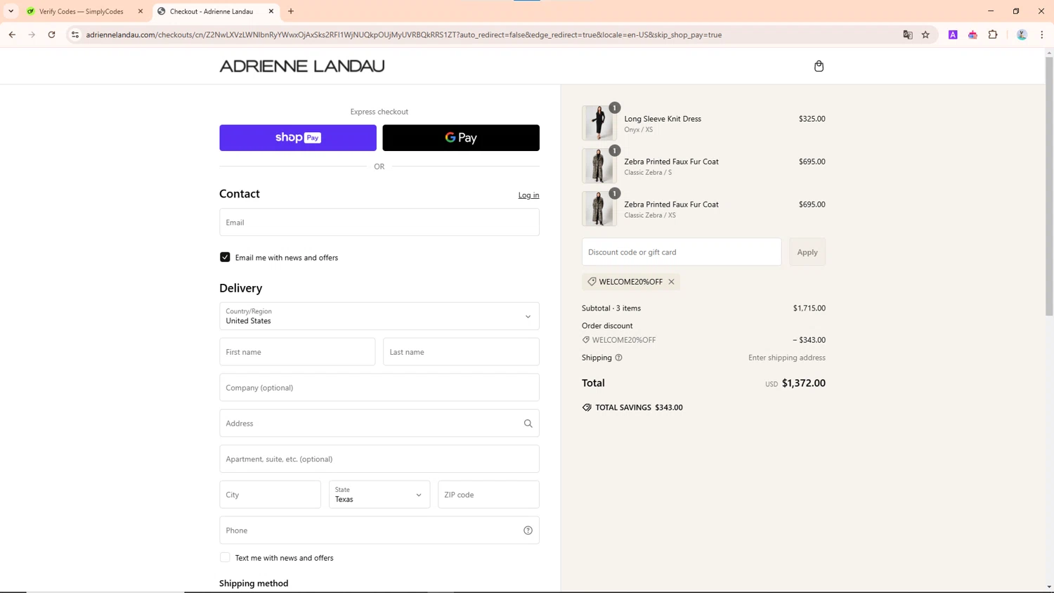 Adrienne Landau promo code screenshot showing code WELCOME20%OFF applied at Adrienne Landau checkout page. Uploaded by SimplyCodes community member NobleScholar188 on Feb 3, 2025
