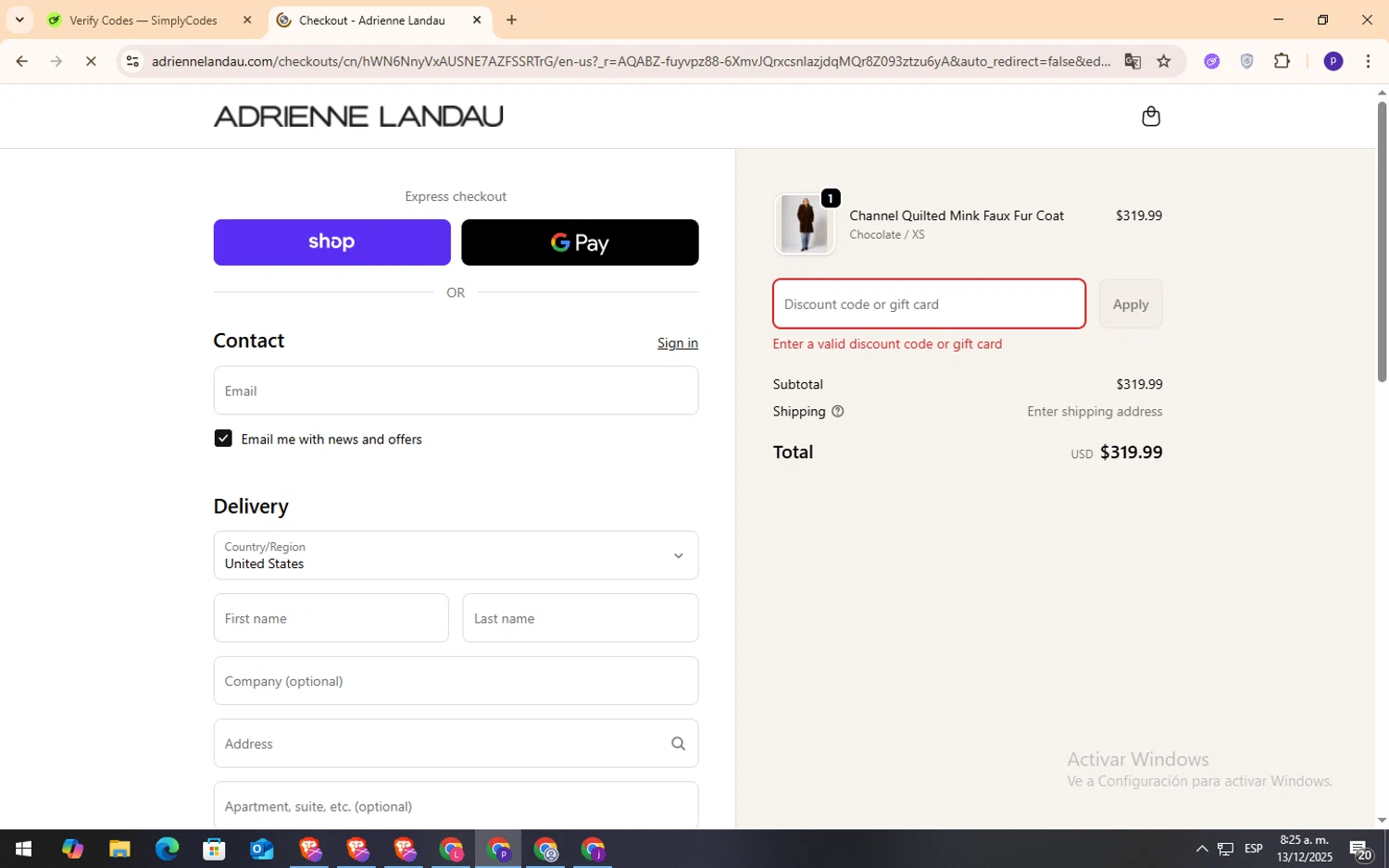 Adrienne Landau promo code screenshot showing code FAUXFAB applied at Adrienne Landau checkout page. Uploaded by SimplyCodes community member NobleFox9153 on Dec 13, 2025