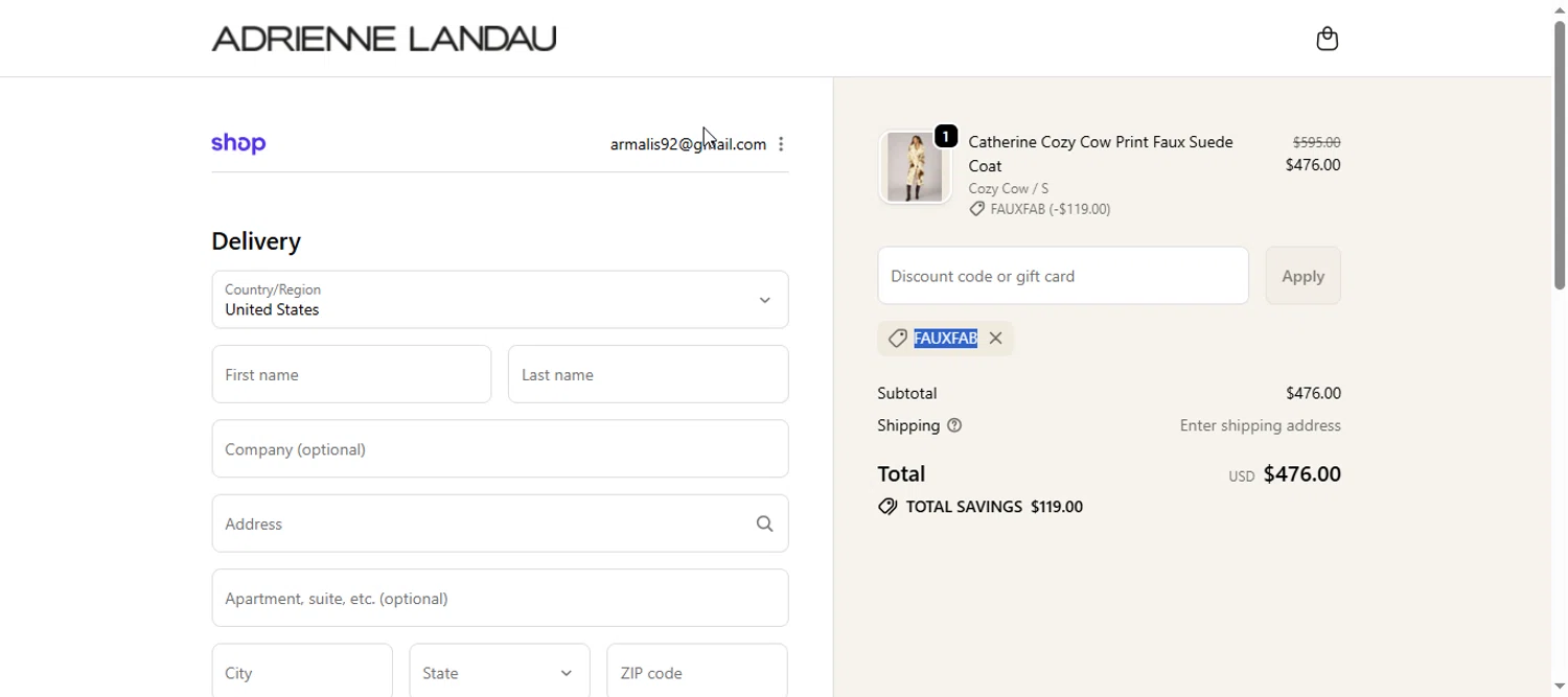 Adrienne Landau promo code screenshot showing code FAUXFAB applied at Adrienne Landau checkout page. Uploaded by SimplyCodes community member armalissolorzano1 on Nov 11, 2025