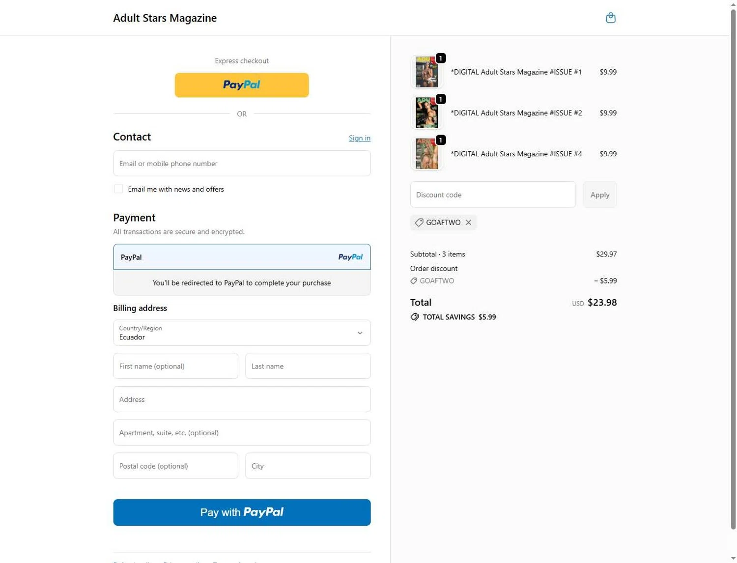 Adult Stars Magazine promo code screenshot showing code GOAFTWO applied at Adult Stars Magazine checkout page. Uploaded by SimplyCodes community member Andaspendientedeunovale on May 30, 2026