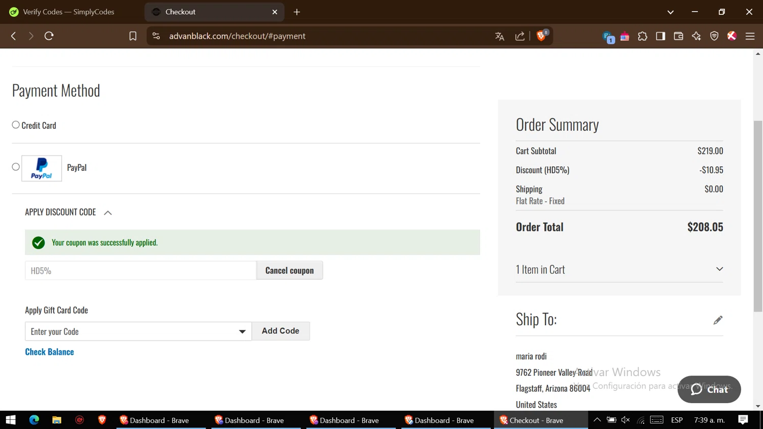Advanblack discount code screenshot showing code HD5% applied at Advanblack checkout page. Uploaded by SimplyCodes community member ThriftyGenius6699 on Feb 13, 2025