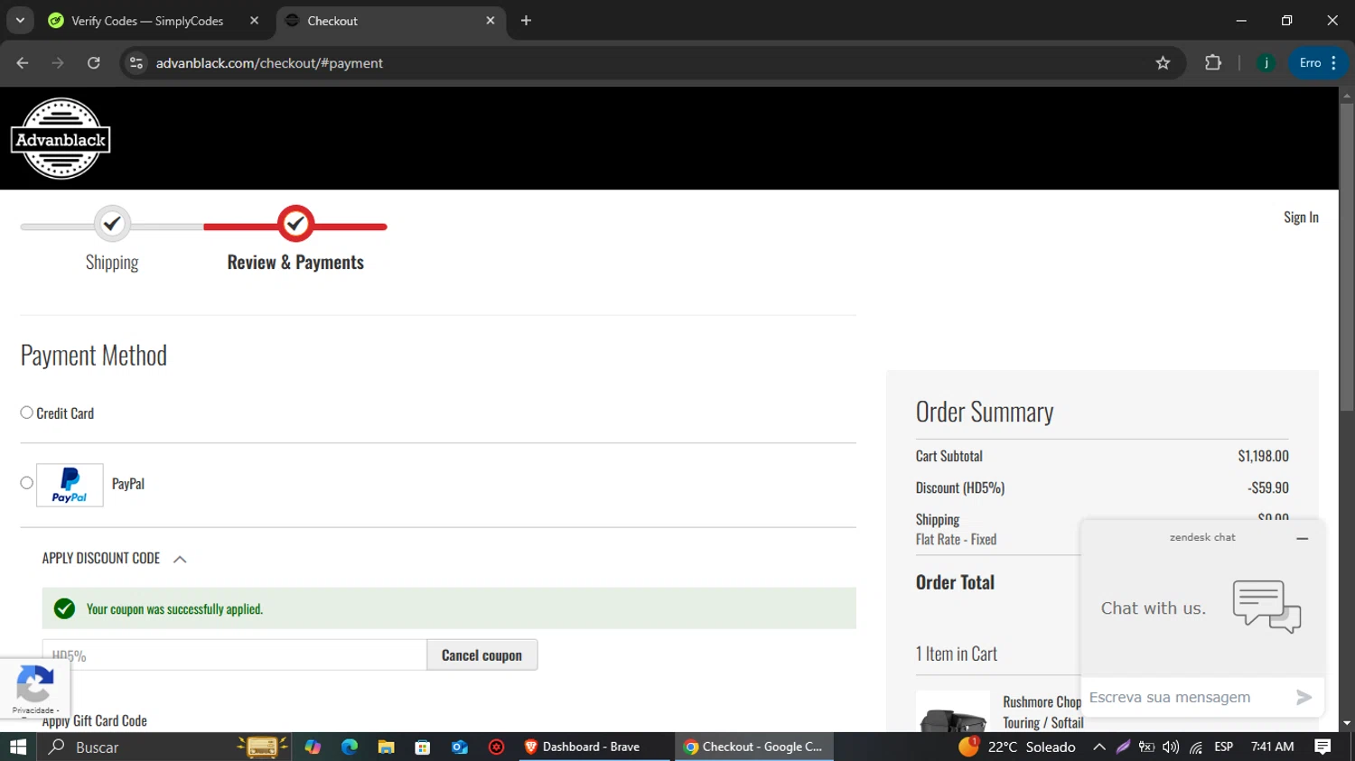 Advanblack discount code screenshot showing code HD5% applied at Advanblack checkout page. Uploaded by SimplyCodes community member jairinho on Feb 13, 2025