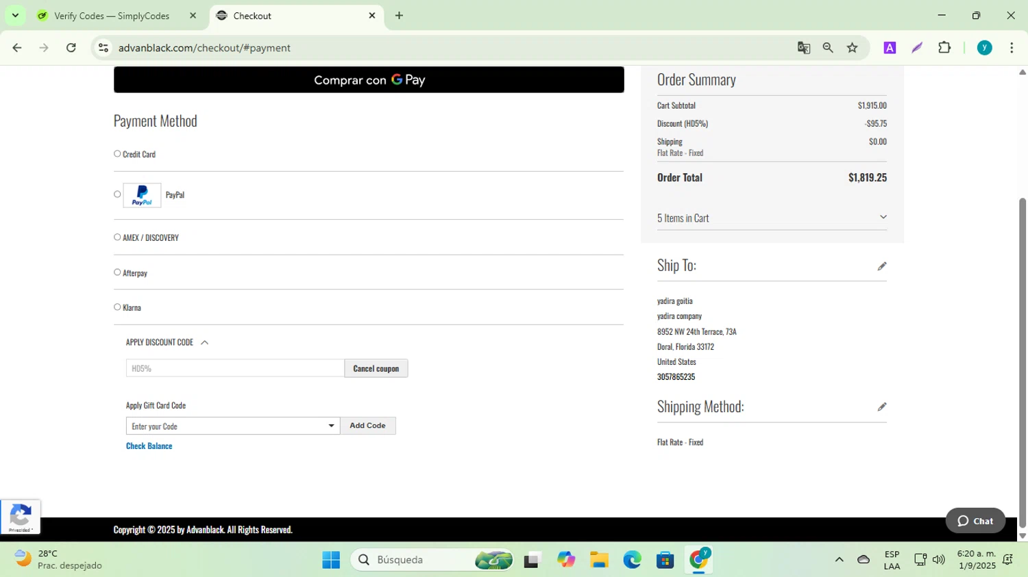 Advanblack discount code screenshot showing code HD5% applied at Advanblack checkout page. Uploaded by SimplyCodes community member yadiracg074 on Sep 1, 2025