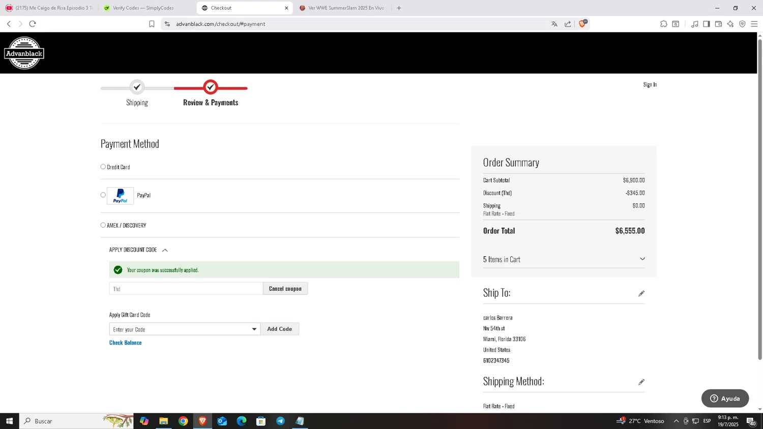 Advanblack discount code screenshot showing code Thd applied at Advanblack checkout page. Uploaded by SimplyCodes community member Carloscoder_900457733 on Jul 20, 2025