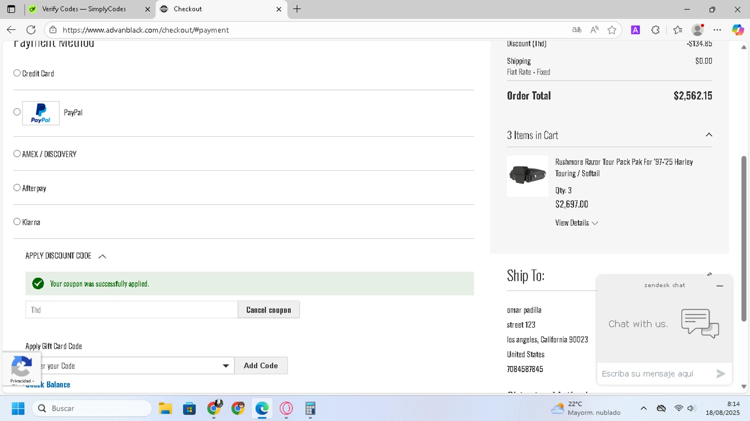 Advanblack discount code screenshot showing code Thd applied at Advanblack checkout page. Uploaded by SimplyCodes community member SilverVirtuoso7221 on Aug 18, 2025