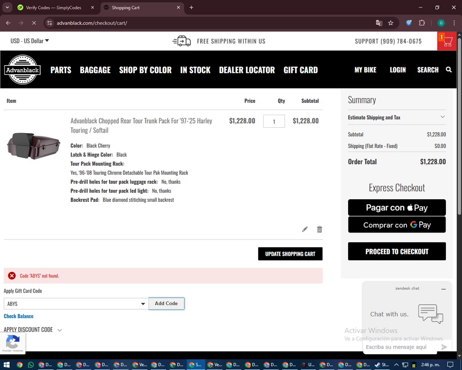 Advanblack discount code screenshot showing code ABYS applied at Advanblack checkout page. Uploaded by SimplyCodes community member PennyFinder5759 on Jan 27, 2026