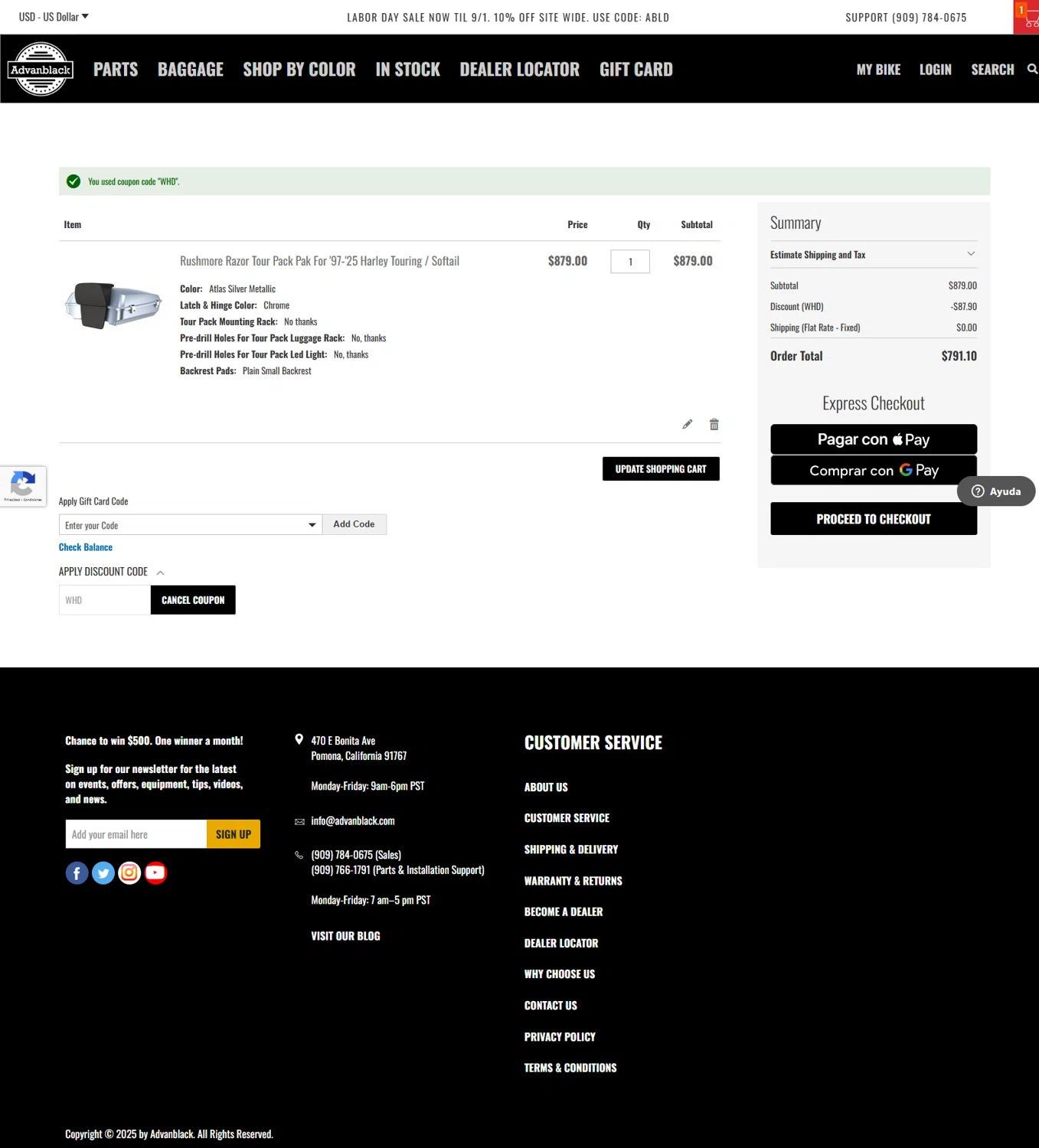 Advanblack discount code screenshot showing code WHD applied at Advanblack checkout page. Uploaded by SimplyCodes community member Serdanvz on Aug 31, 2025