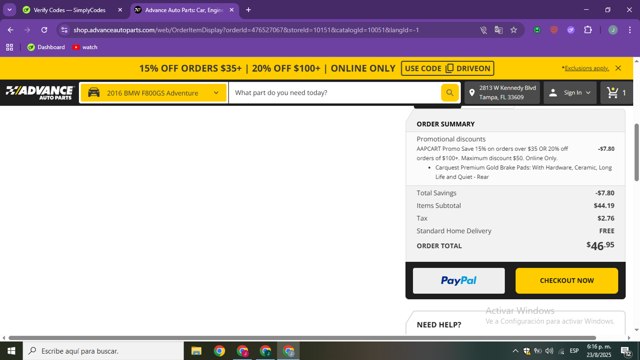 Advance Auto Parts checkout page showing Advance Auto Parts promo code box | Screenshot taken by SimplyCodes community member on Aug 23, 2025