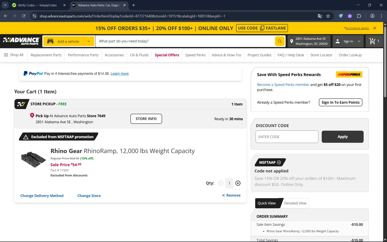 Advance Auto Parts promo code screenshot showing code Msftaap applied at Advance Auto Parts checkout page. Uploaded by SimplyCodes community member juan1702 on Aug 29, 2025