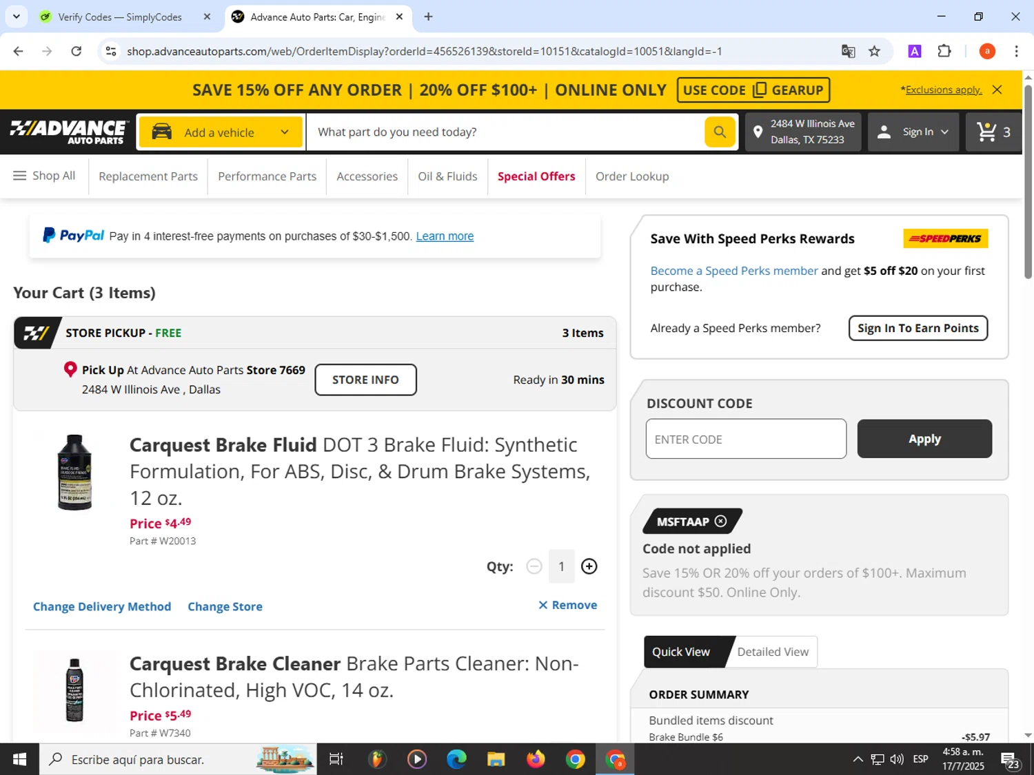 Advance Auto Parts promo code screenshot showing code Msftaap applied at Advance Auto Parts checkout page. Uploaded by SimplyCodes community member partenalgas on Jul 17, 2025