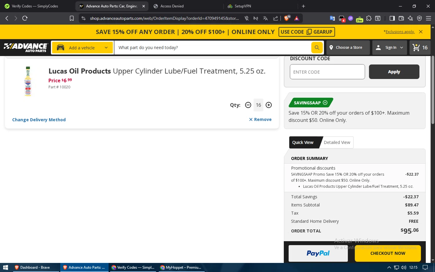Advance Auto Parts promo code screenshot showing code SAVINGSAAP applied at Advance Auto Parts checkout page. Uploaded by SimplyCodes community member ShieldElite2370 on Jul 19, 2025