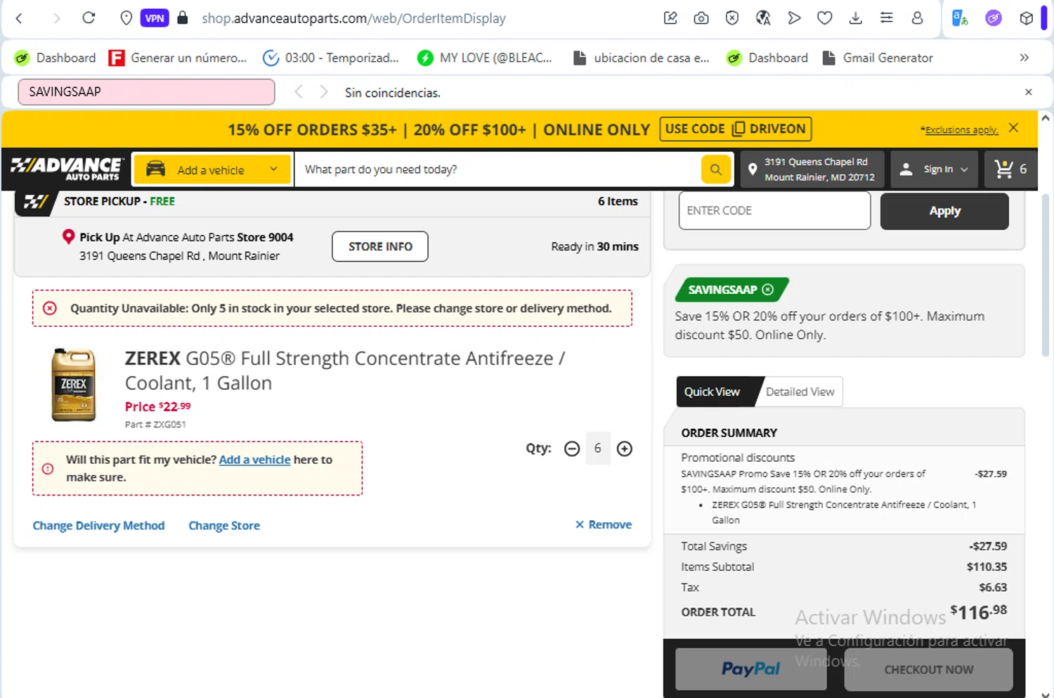 Advance Auto Parts promo code screenshot showing code SAVINGSAAP applied at Advance Auto Parts checkout page. Uploaded by SimplyCodes community member luissilva2 on Aug 21, 2025
