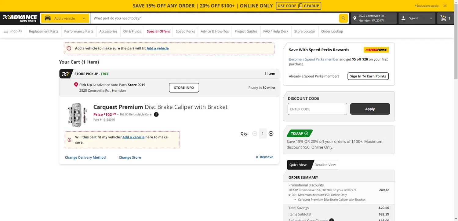 Advance Auto Parts promo code screenshot showing code TIXAAP applied at Advance Auto Parts checkout page. Uploaded by SimplyCodes community member DiscountWarden480 on Jul 16, 2025