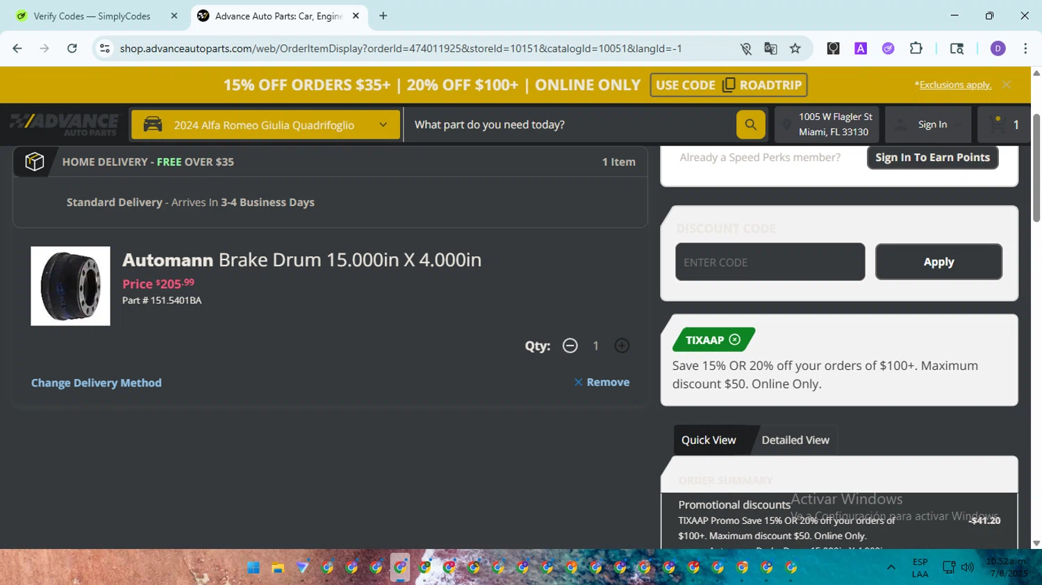Advance Auto Parts promo code screenshot showing code TIXAAP applied at Advance Auto Parts checkout page. Uploaded by SimplyCodes community member SavingsGuardian5156 on Aug 7, 2025
