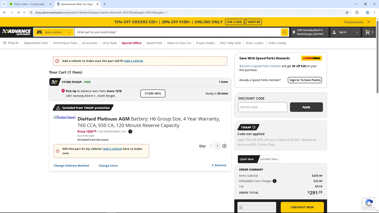 Advance Auto Parts promo code screenshot showing code TIXAAP applied at Advance Auto Parts checkout page. Uploaded by SimplyCodes community member TheGnomo on Dec 28, 2025