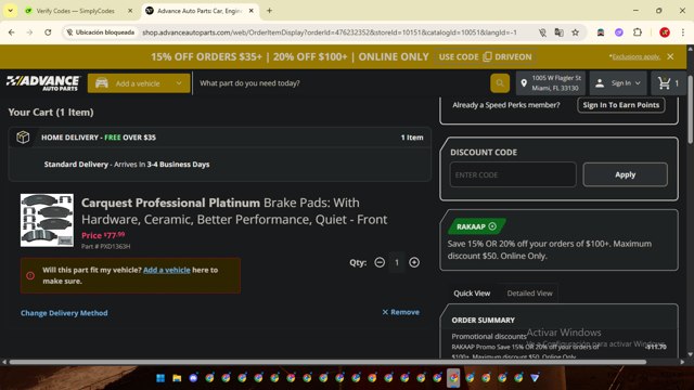 Advance Auto Parts checkout page showing Advance Auto Parts promo code box | Screenshot taken by SimplyCodes community member on Aug 22, 2025
