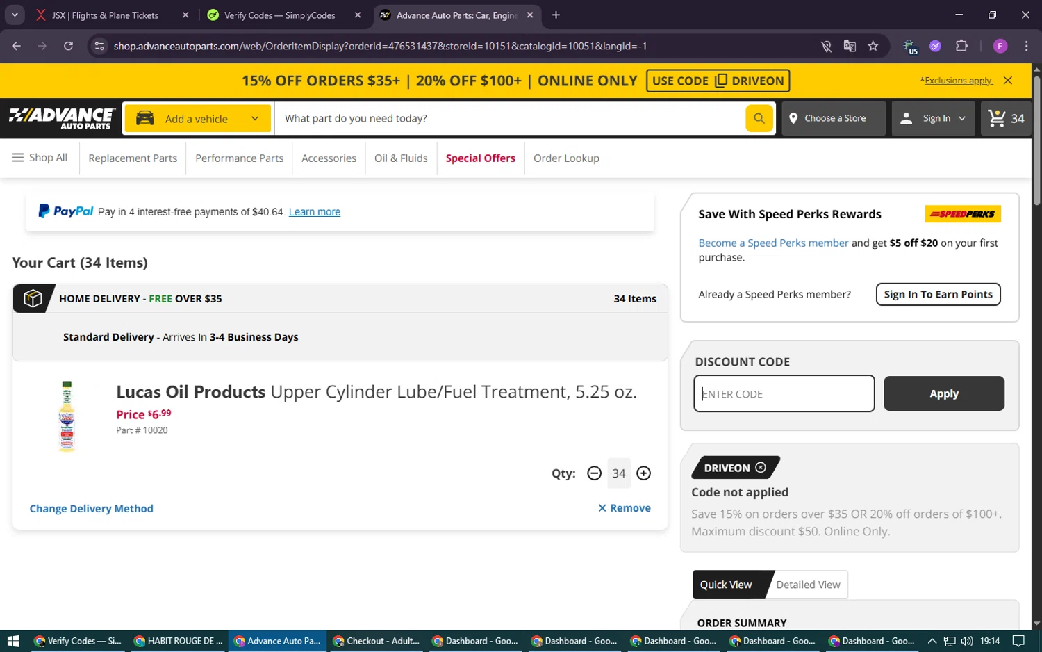 Advance Auto Parts promo code screenshot showing code DRIVEON applied at Advance Auto Parts checkout page. Uploaded by SimplyCodes community member CleverSpotter6431 on Aug 23, 2025