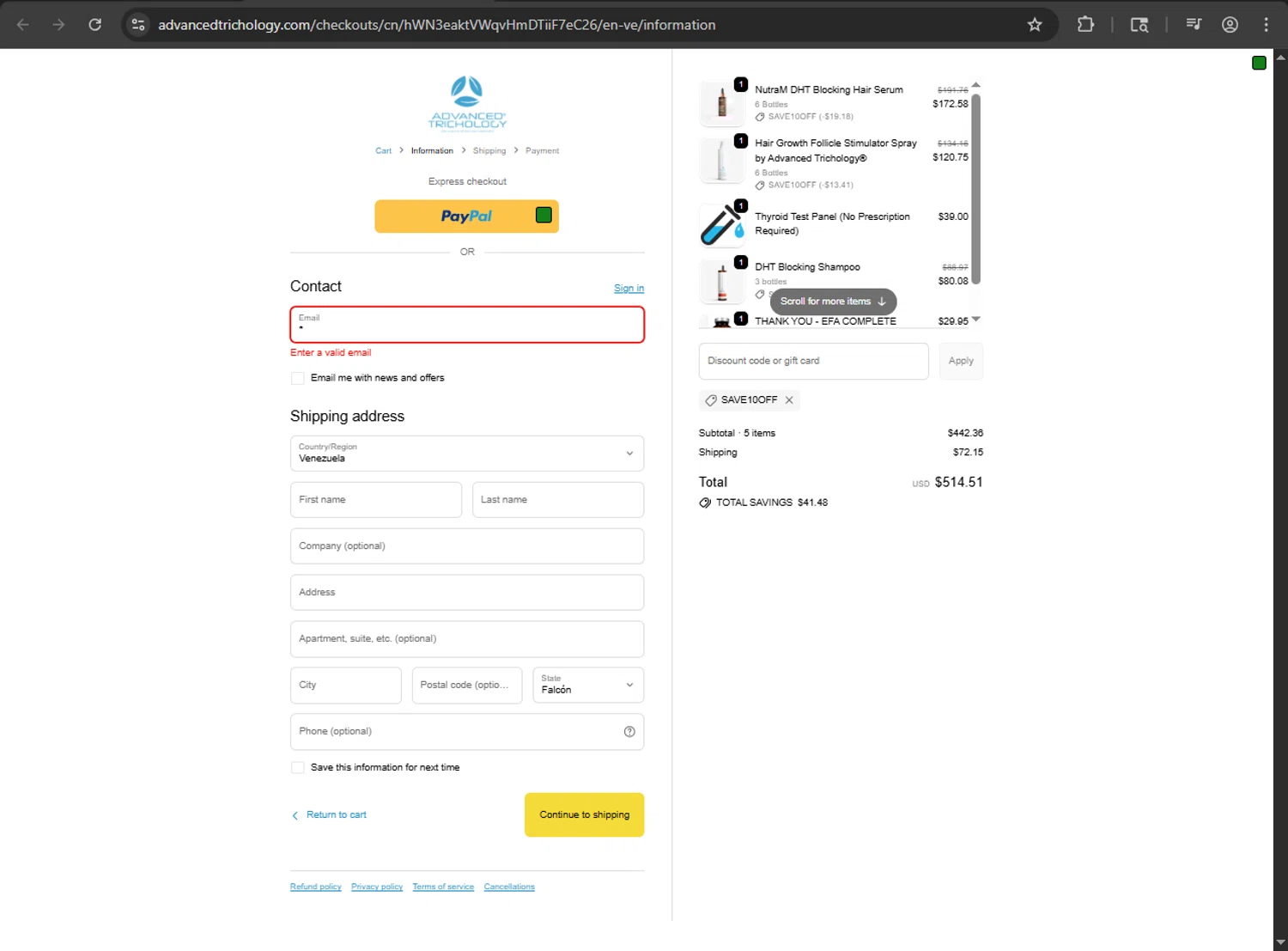 Advanced Trichology promo code screenshot showing code SAVE10OFF applied at Advanced Trichology checkout page. Uploaded by SimplyCodes community member RayliMC on Oct 2, 2025