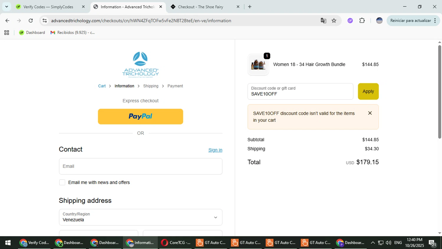 Advanced Trichology promo code screenshot showing code SAVE10OFF applied at Advanced Trichology checkout page. Uploaded by SimplyCodes community member TrevorPhilips on Oct 26, 2025