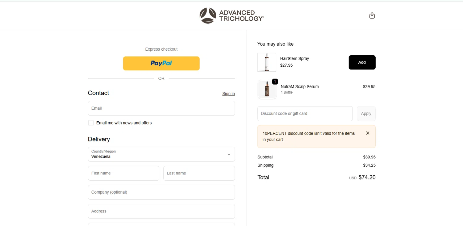 Advanced Trichology promo code screenshot showing code 10PERCENT applied at Advanced Trichology checkout page. Uploaded by SimplyCodes community member IronHorse on Dec 22, 2025