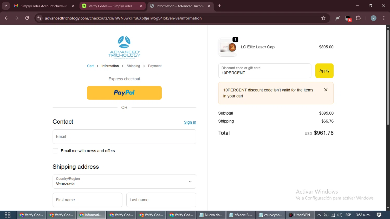 Advanced Trichology promo code screenshot showing code 10PERCENT applied at Advanced Trichology checkout page. Uploaded by SimplyCodes community member MoneyTiger5162 on Oct 10, 2025