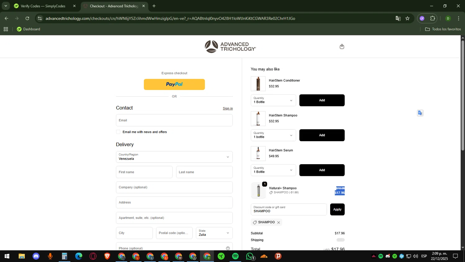 Advanced Trichology promo code screenshot showing code SHAMPOO applied at Advanced Trichology checkout page. Uploaded by SimplyCodes community member Daemon06 on Dec 22, 2025