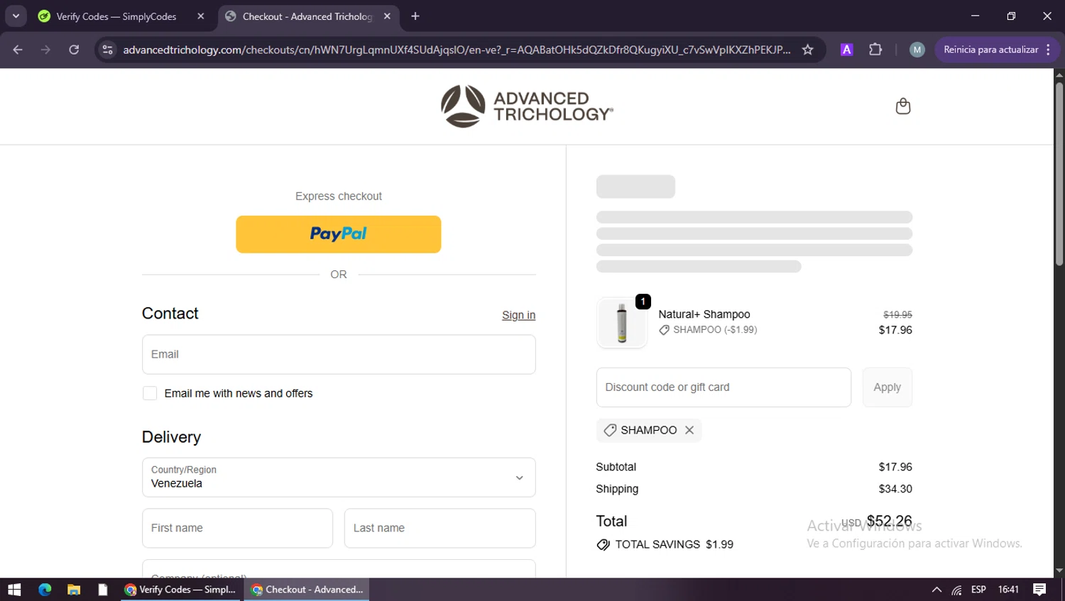 Advanced Trichology promo code screenshot showing code SHAMPOO applied at Advanced Trichology checkout page. Uploaded by SimplyCodes community member maraxo on Jan 11, 2026