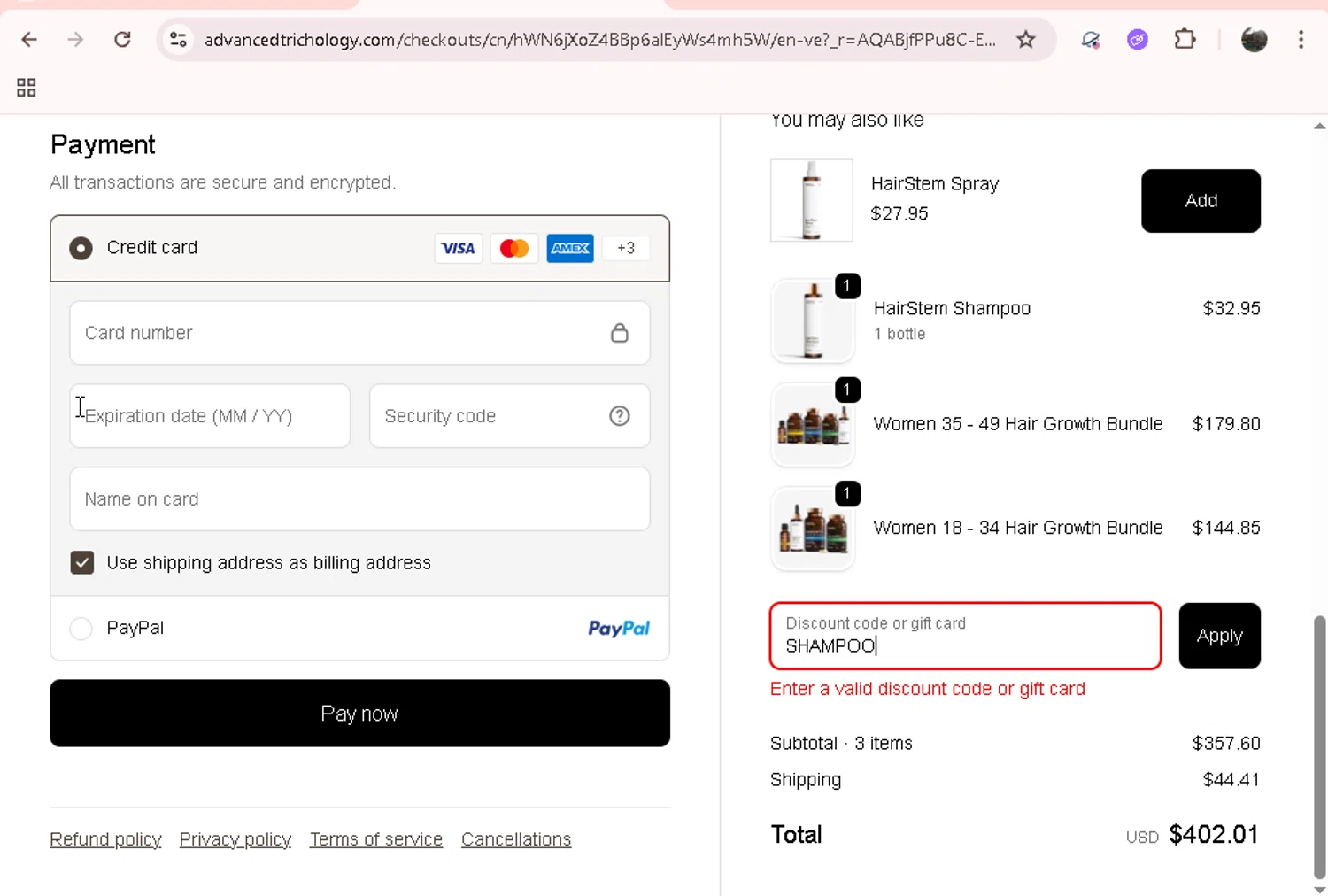 Advanced Trichology promo code screenshot showing code SHAMPOO applied at Advanced Trichology checkout page. Uploaded by SimplyCodes community member onebullet on Dec 22, 2025