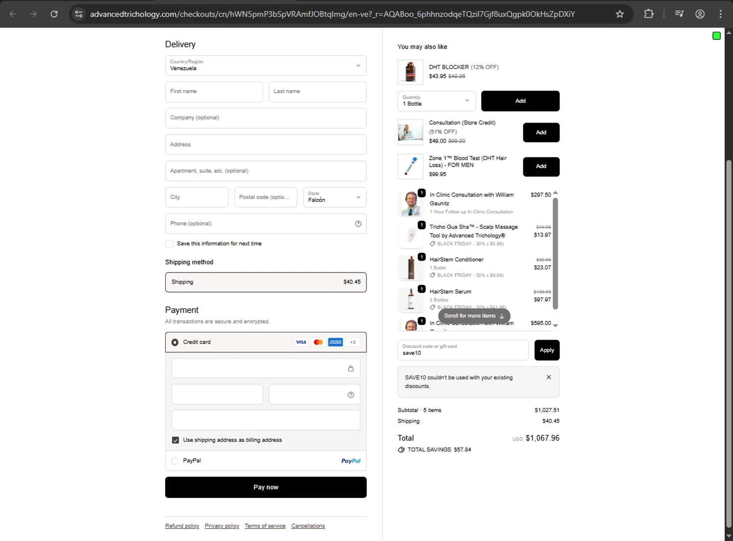 Advanced Trichology promo code screenshot showing code save10 applied at Advanced Trichology checkout page. Uploaded by SimplyCodes community member RayliMC on Nov 29, 2025