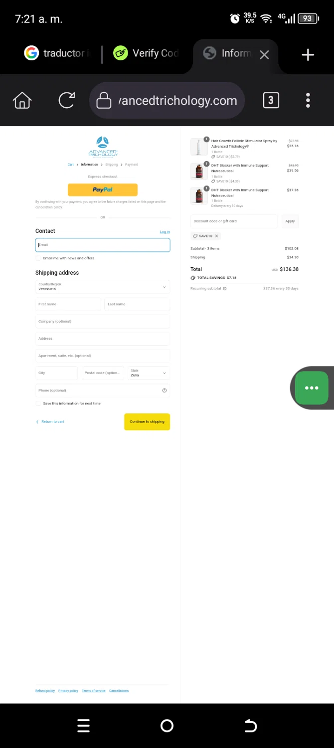 Advanced Trichology promo code screenshot showing code save10 applied at Advanced Trichology checkout page. Uploaded by SimplyCodes community member Carolisea on Aug 16, 2025