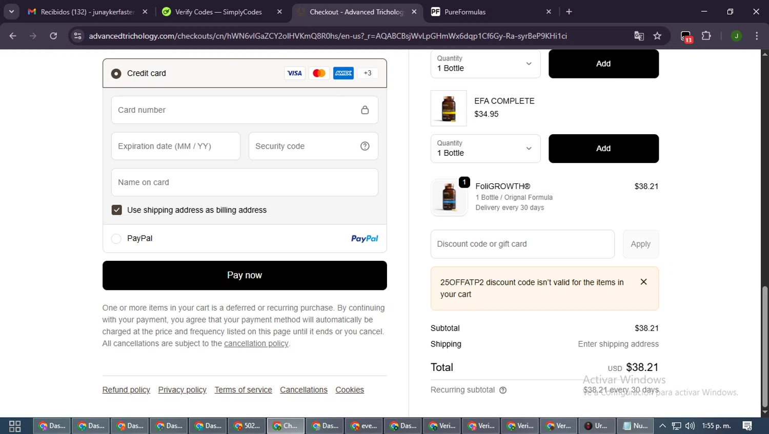 Advanced Trichology promo code screenshot showing code 25OFFATP2 applied at Advanced Trichology checkout page. Uploaded by SimplyCodes community member SmartLion6646 on Dec 27, 2025